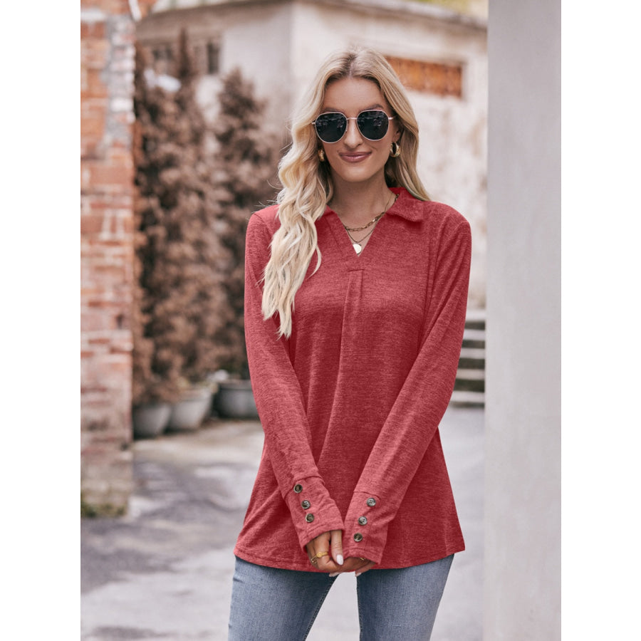 Decorative Button Johnny Collar Long Sleeve Blouse Deep Red / S Apparel and Accessories