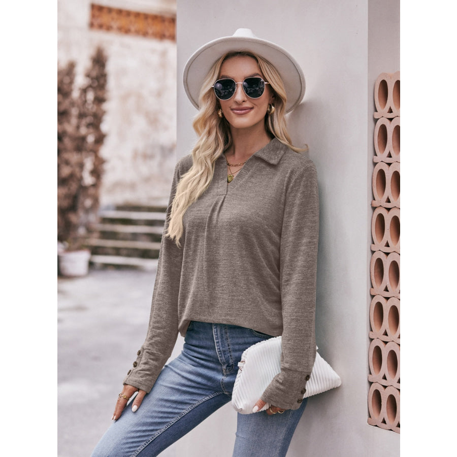 Decorative Button Johnny Collar Long Sleeve Blouse Mocha / S Apparel and Accessories