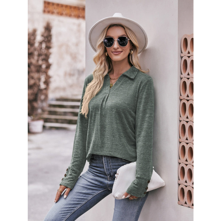 Decorative Button Johnny Collar Long Sleeve Blouse Sage / S Apparel and Accessories