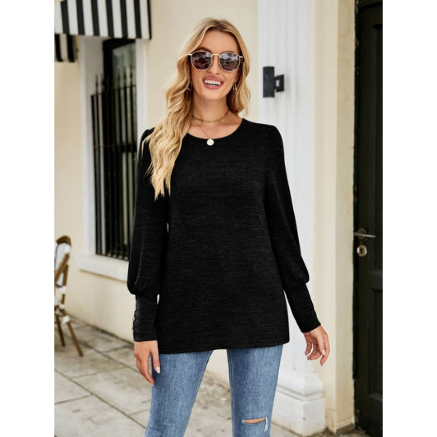 Decorative Button Lantern Sleeve T-Shirt Black / S Clothing