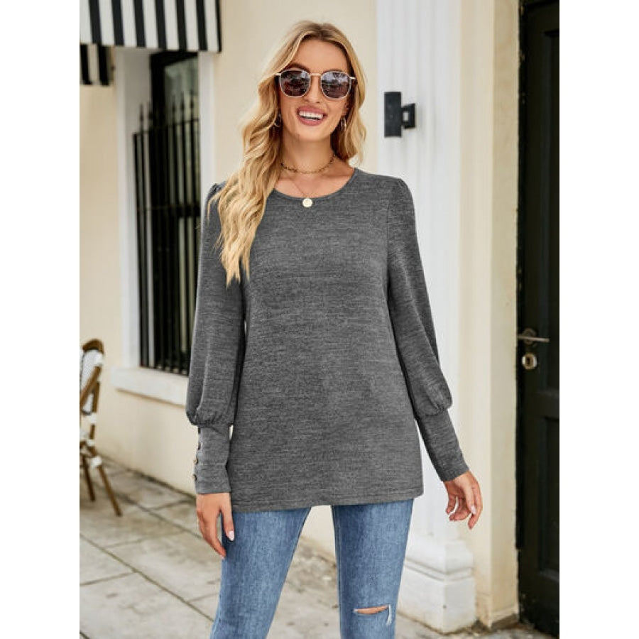 Decorative Button Lantern Sleeve T-Shirt Charcoal / S Clothing