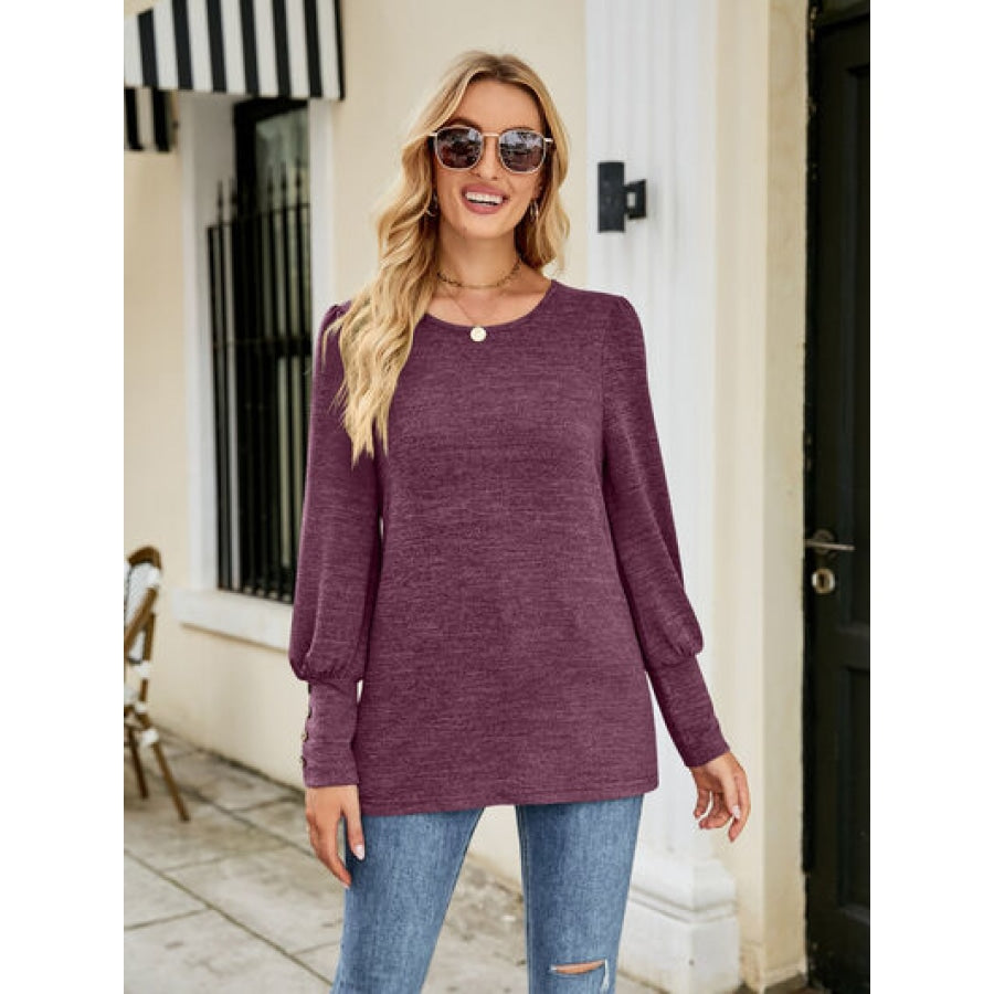 Decorative Button Lantern Sleeve T-Shirt Magenta / S Clothing