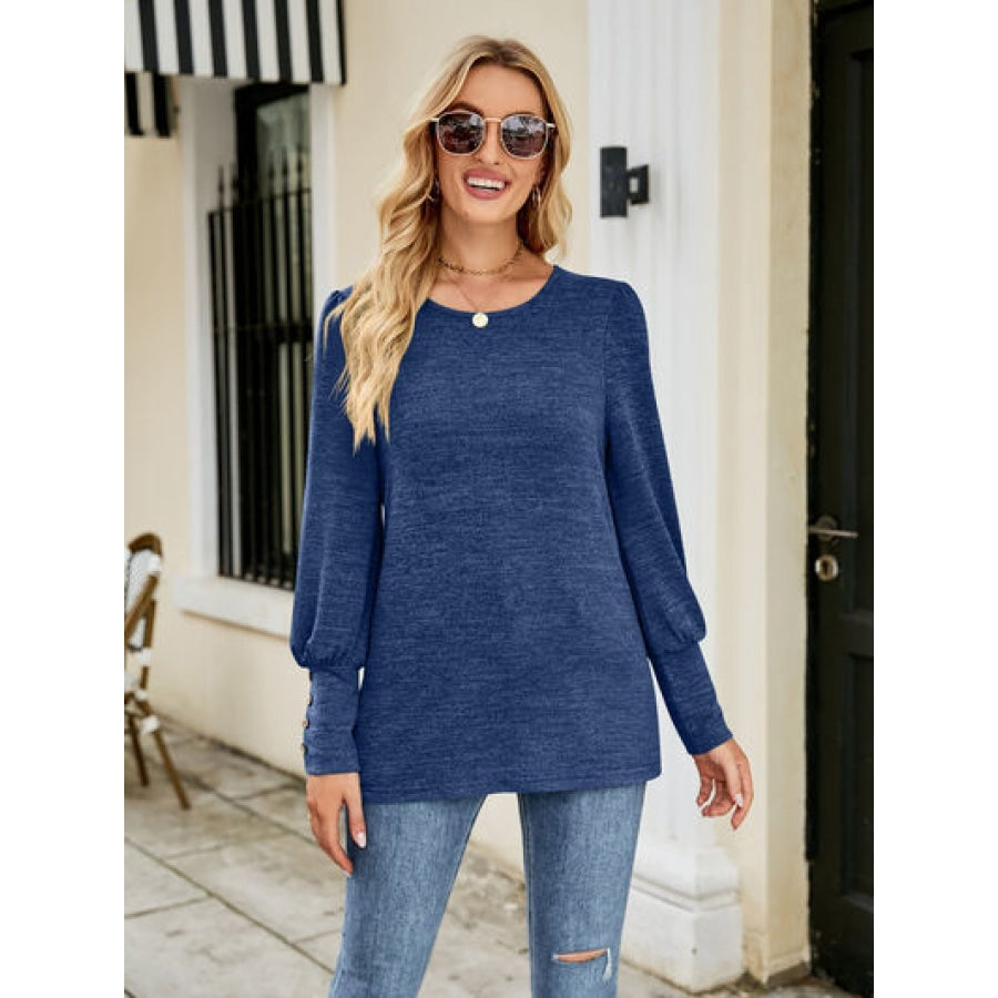 Decorative Button Lantern Sleeve T-Shirt Navy / S Clothing