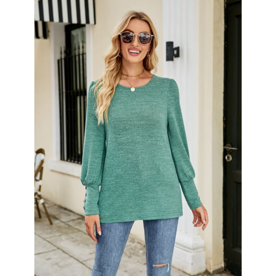 Decorative Button Lantern Sleeve T-Shirt Teal / S Clothing