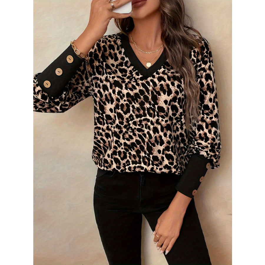 Decorative Button Leopard V-Neck Long Sleeve T-Shirt Apparel and Accessories