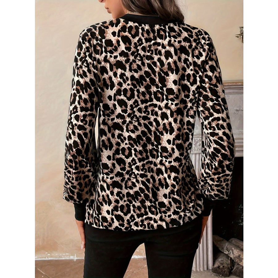 Decorative Button Leopard V-Neck Long Sleeve T-Shirt Apparel and Accessories