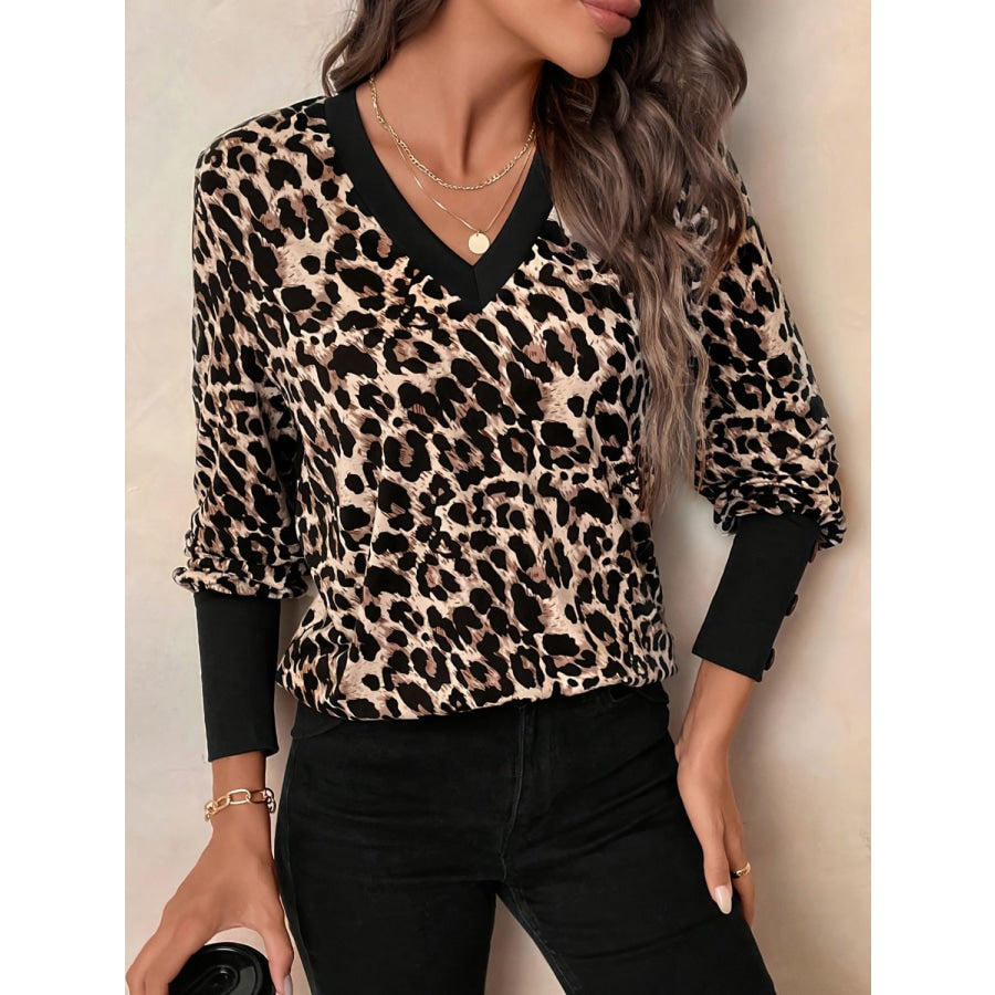 Decorative Button Leopard V-Neck Long Sleeve T-Shirt Leopard / S Apparel and Accessories