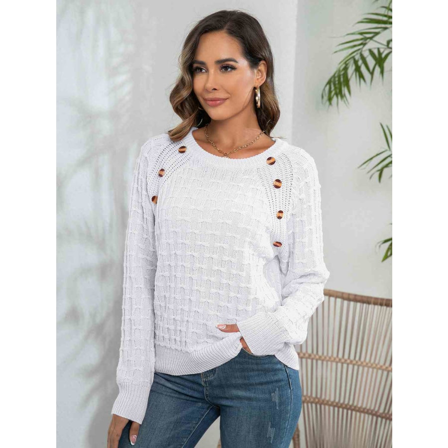 Decorative Button Long Sleeve Sweater White / S