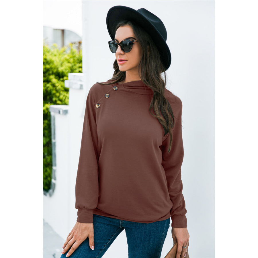 Decorative Button Long Sleeve Sweatshirt Dark Brown / S Apparel and Accessories