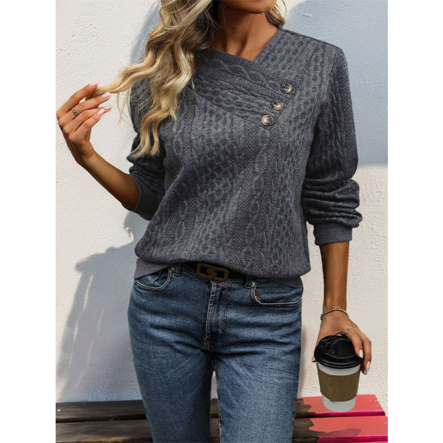 Decorative Button Long Sleeve Sweatshirt Dark Gray / S Apparel and Accessories