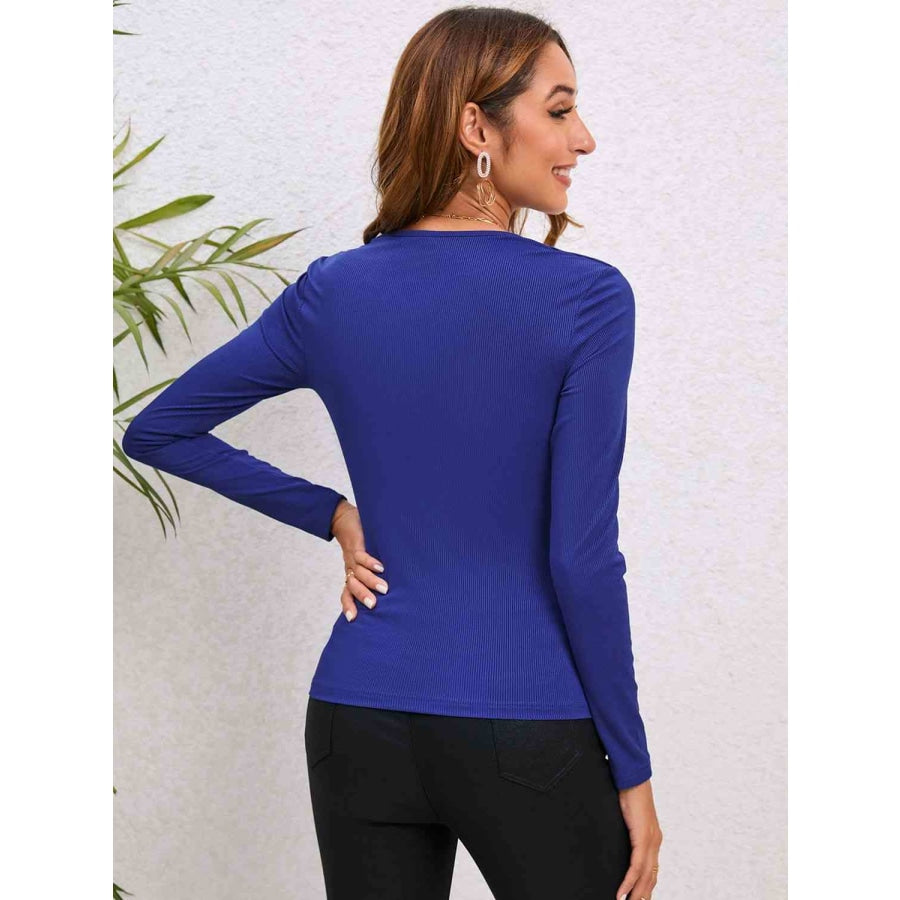 Decorative Button Long Sleeve Top Royal Blue / S