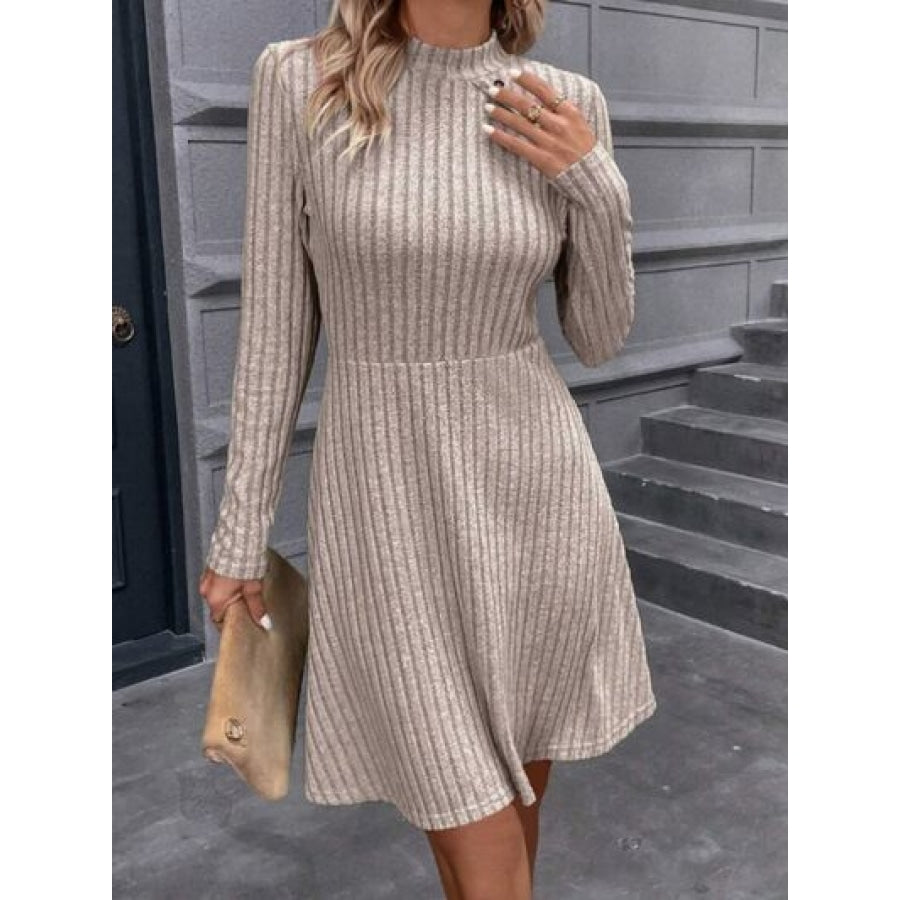 Decorative Button Mock Neck Long Sleeve Sweater Dress Mocha / S Apparel and Accessories