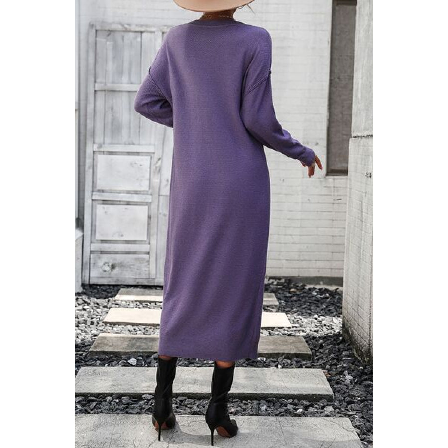 Decorative Button Notched Dropped Shoulder Sweater Dress Apparel and Accessories