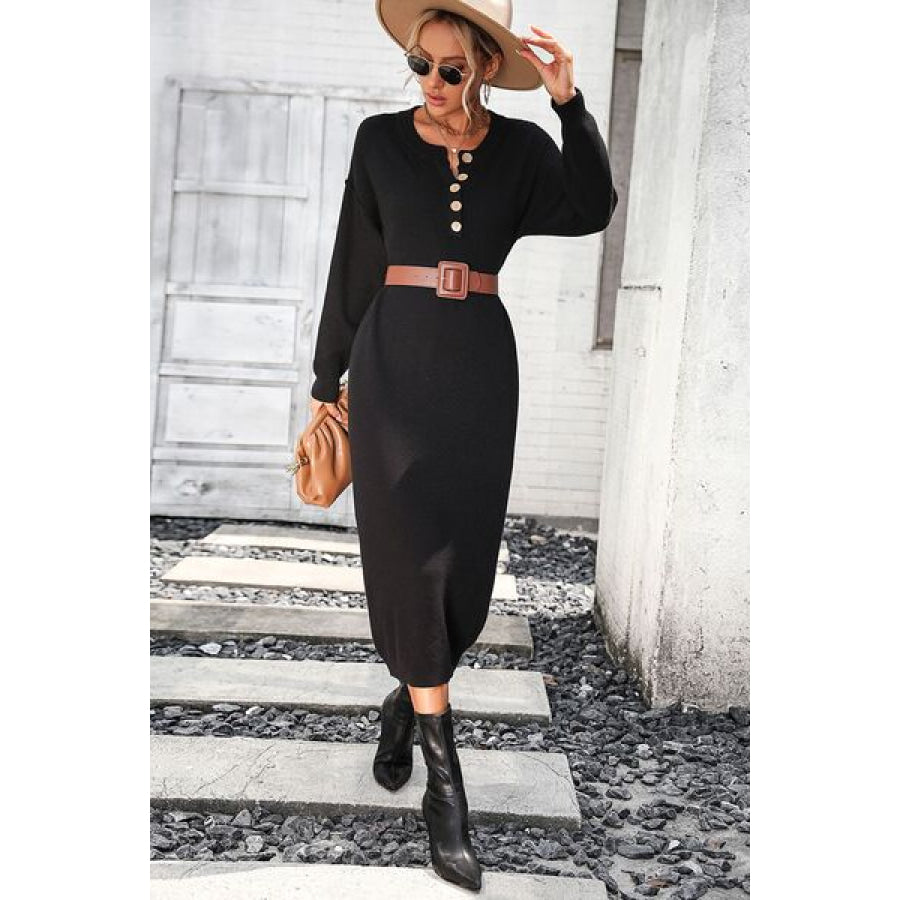 Decorative Button Notched Dropped Shoulder Sweater Dress Apparel and Accessories