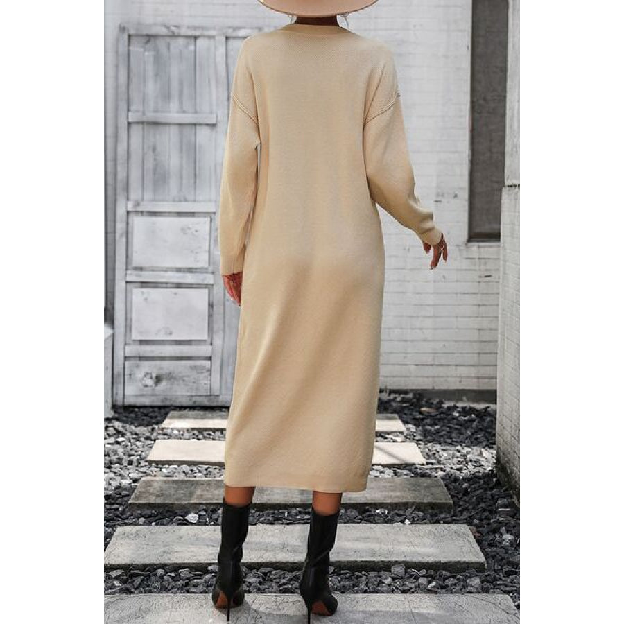 Decorative Button Notched Dropped Shoulder Sweater Dress Sand / S Apparel and Accessories
