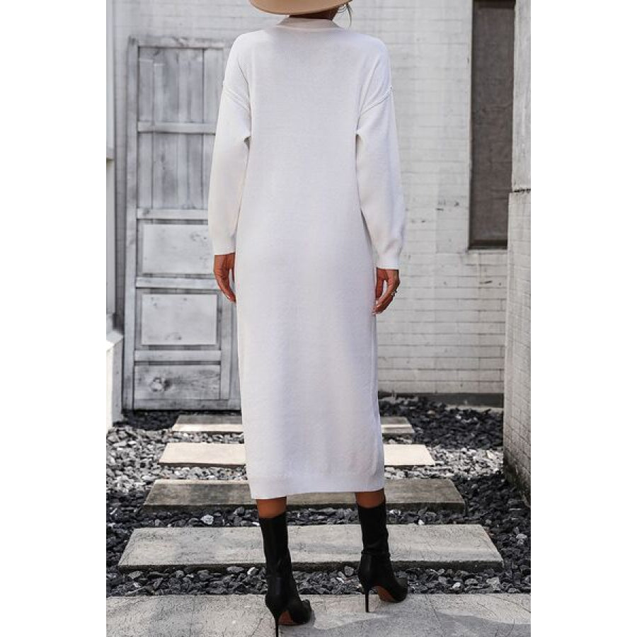 Decorative Button Notched Dropped Shoulder Sweater Dress Apparel and Accessories