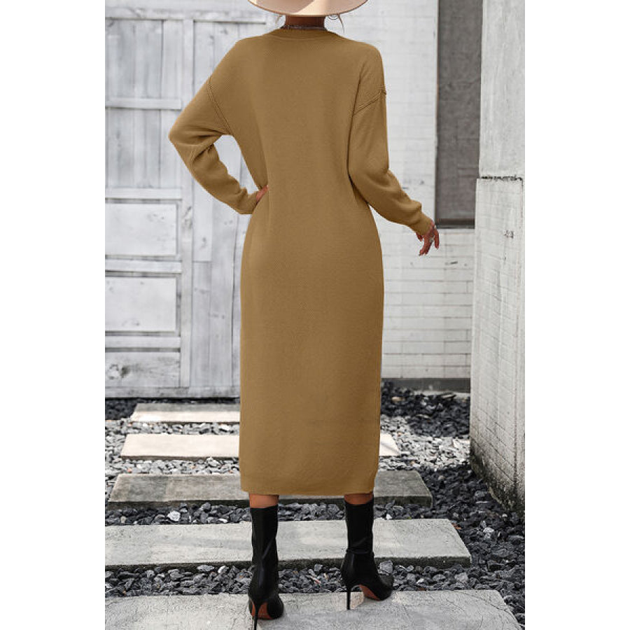 Decorative Button Notched Dropped Shoulder Sweater Dress Apparel and Accessories