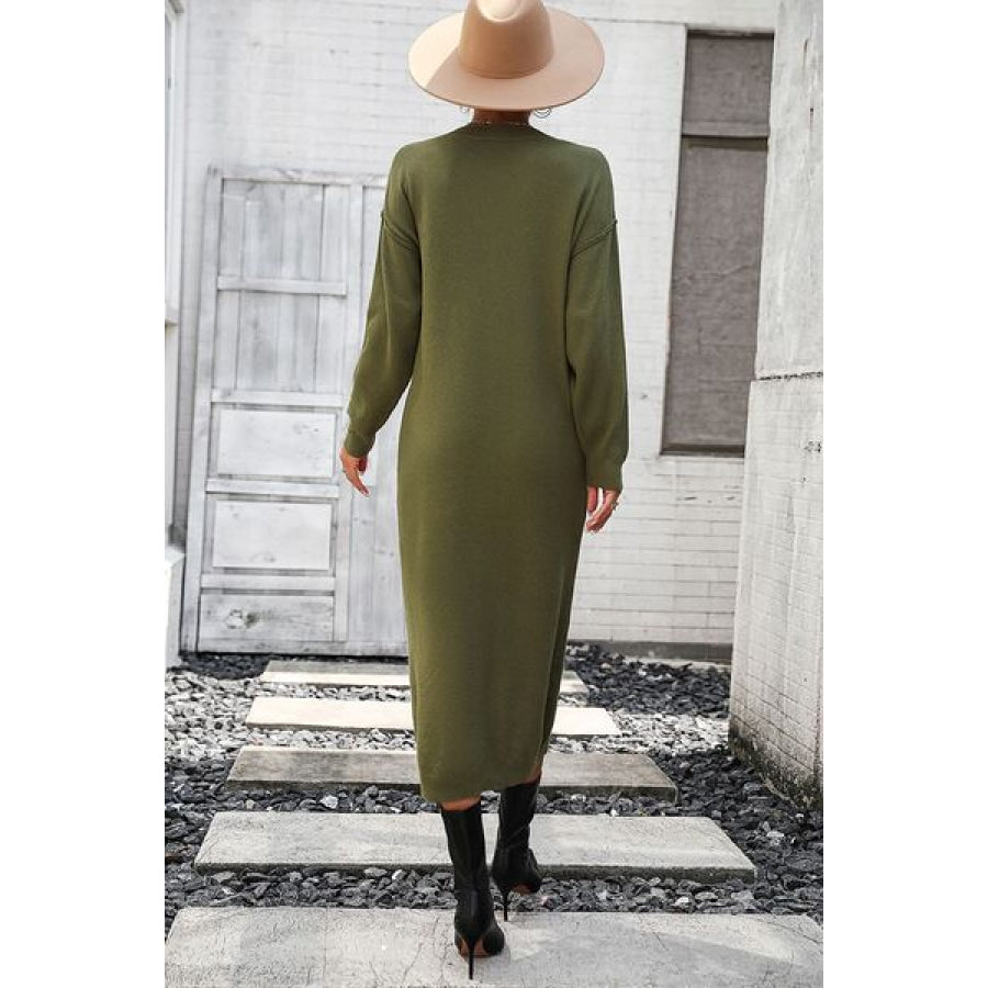 Decorative Button Notched Dropped Shoulder Sweater Dress Apparel and Accessories