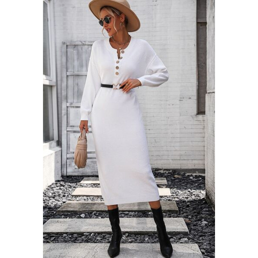 Decorative Button Notched Dropped Shoulder Sweater Dress Apparel and Accessories