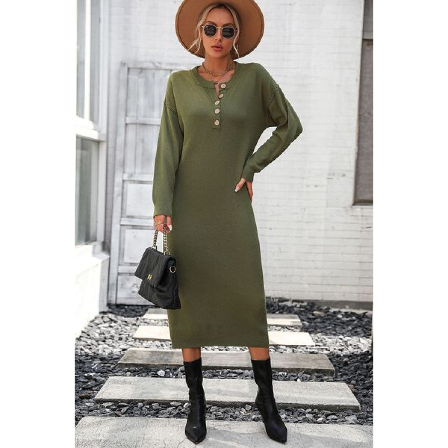 Decorative Button Notched Dropped Shoulder Sweater Dress Apparel and Accessories