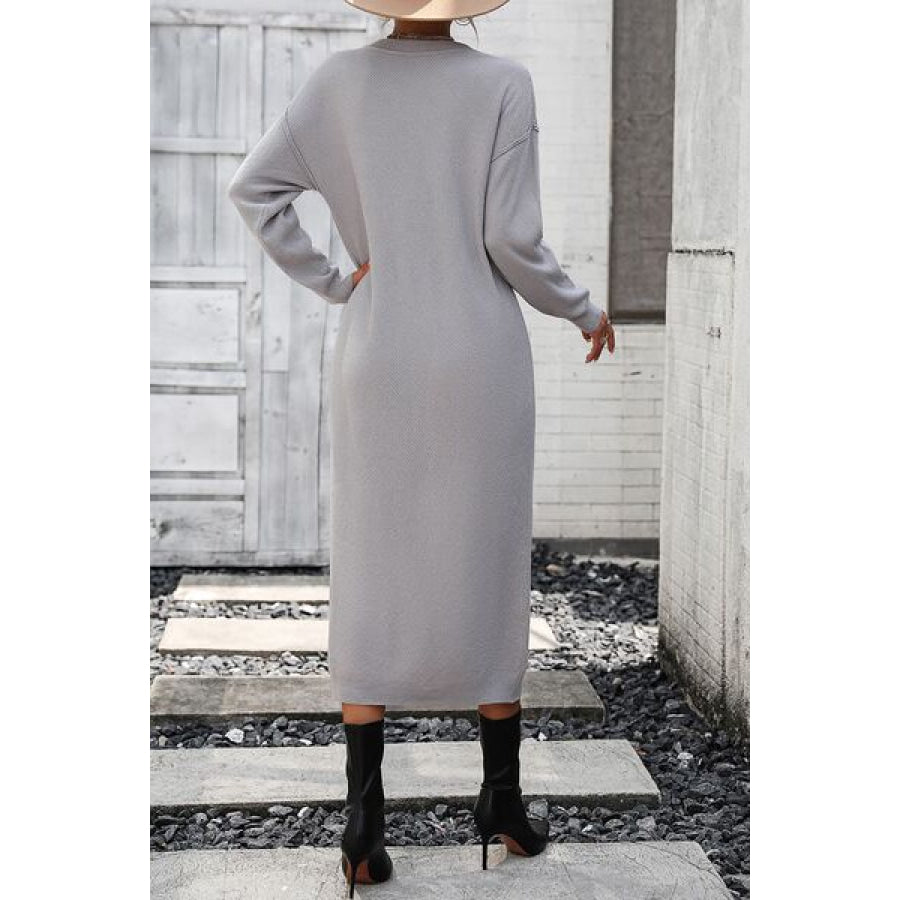 Decorative Button Notched Dropped Shoulder Sweater Dress Apparel and Accessories