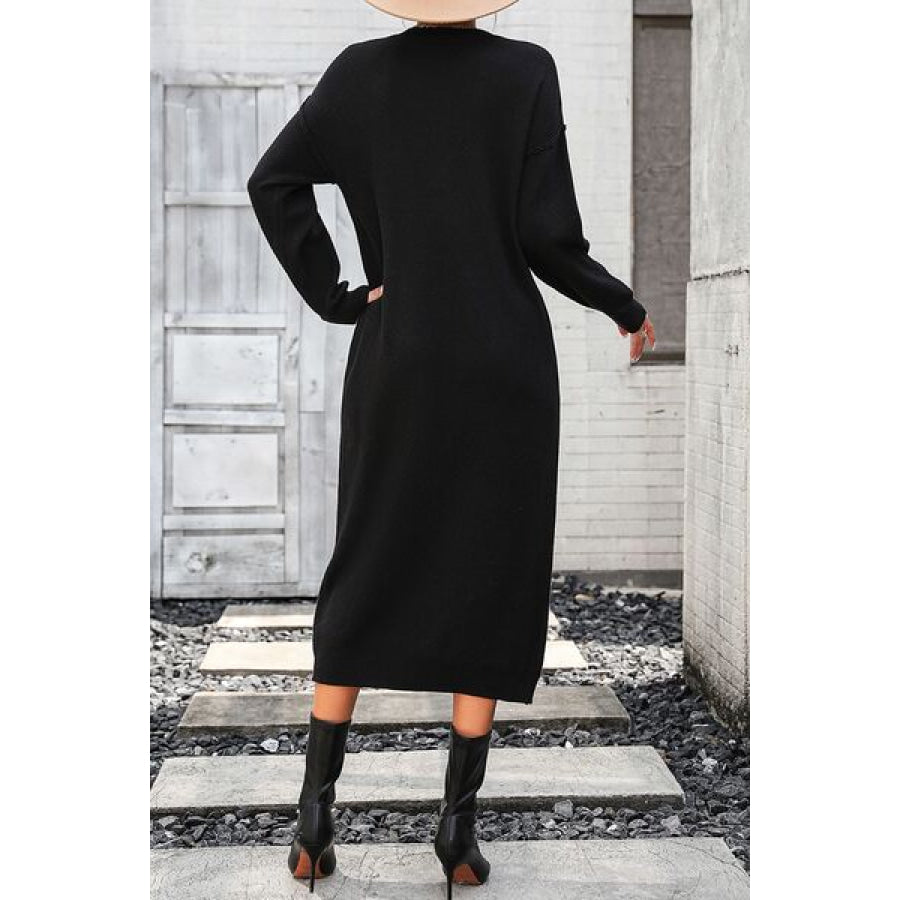Decorative Button Notched Dropped Shoulder Sweater Dress Apparel and Accessories