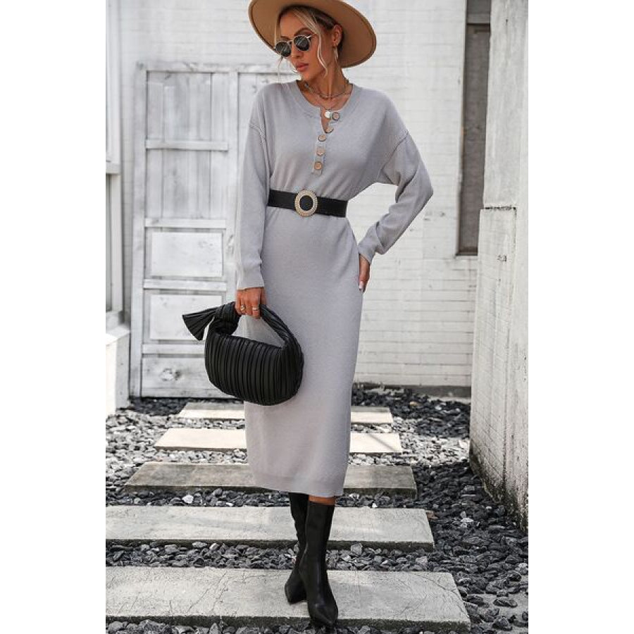 Decorative Button Notched Dropped Shoulder Sweater Dress Apparel and Accessories