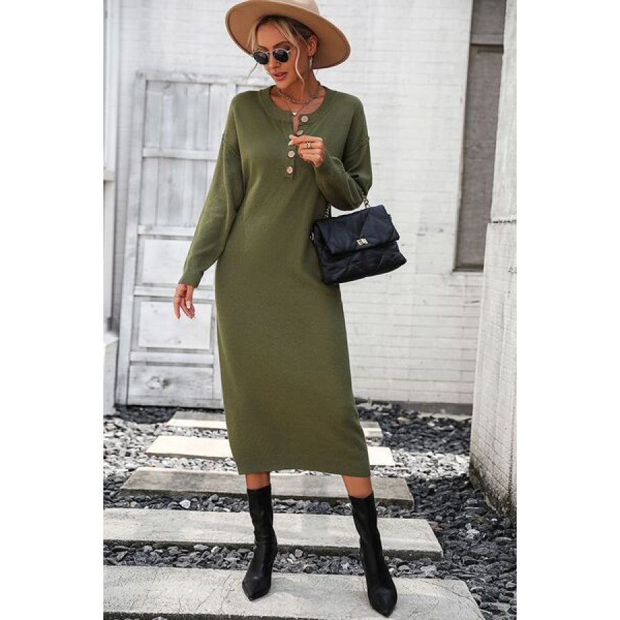 Decorative Button Notched Dropped Shoulder Sweater Dress Apparel and Accessories