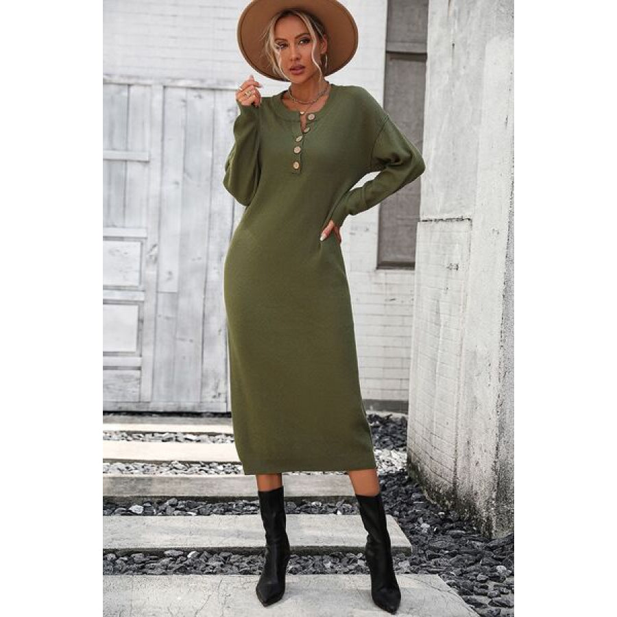 Decorative Button Notched Dropped Shoulder Sweater Dress Army Green / S Apparel and Accessories