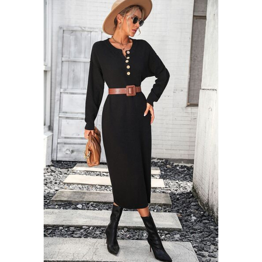 Decorative Button Notched Dropped Shoulder Sweater Dress Black / S Apparel and Accessories