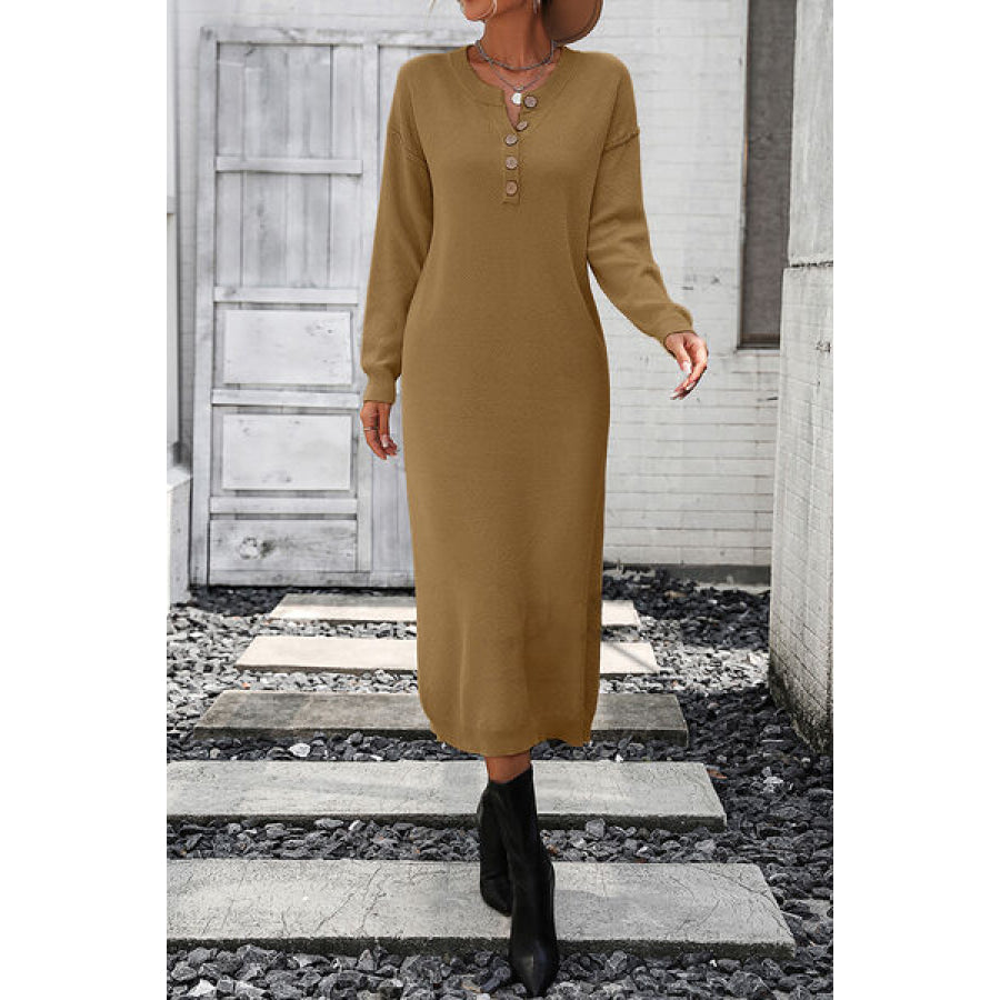 Decorative Button Notched Dropped Shoulder Sweater Dress Camel / S Apparel and Accessories