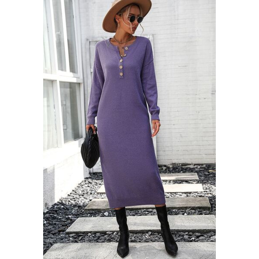 Decorative Button Notched Dropped Shoulder Sweater Dress Dusty Purple / S Apparel and Accessories