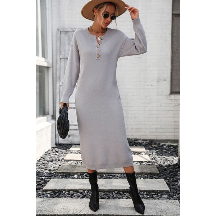 Decorative Button Notched Dropped Shoulder Sweater Dress Heather Gray / S Apparel and Accessories