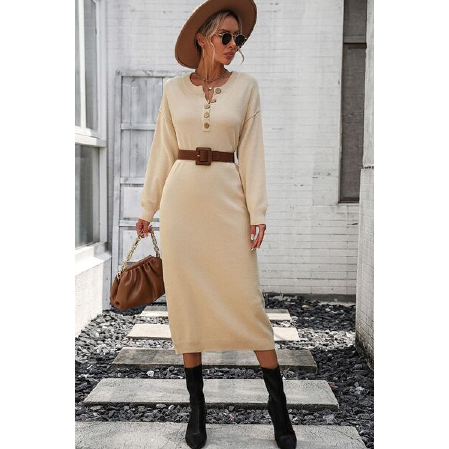 Decorative Button Notched Dropped Shoulder Sweater Dress Sand / S Apparel and Accessories