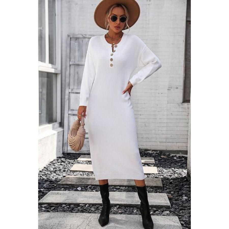 Decorative Button Notched Dropped Shoulder Sweater Dress White / S Apparel and Accessories