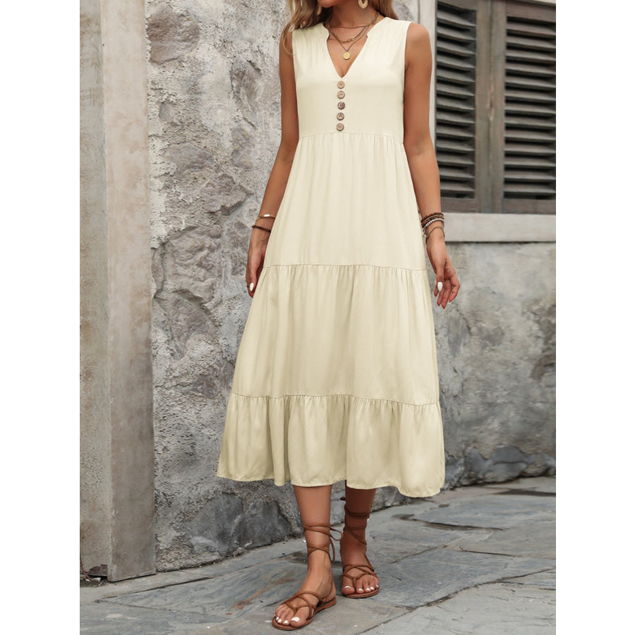 Decorative Button Notched Sleeveless Dress Apparel and Accessories