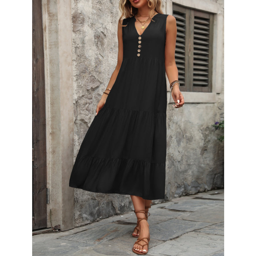 Decorative Button Notched Sleeveless Dress Apparel and Accessories