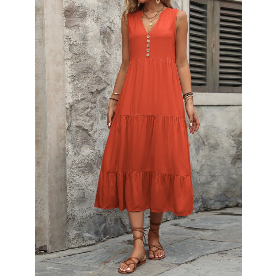 Decorative Button Notched Sleeveless Dress Apparel and Accessories