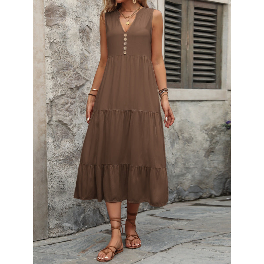 Decorative Button Notched Sleeveless Dress Apparel and Accessories