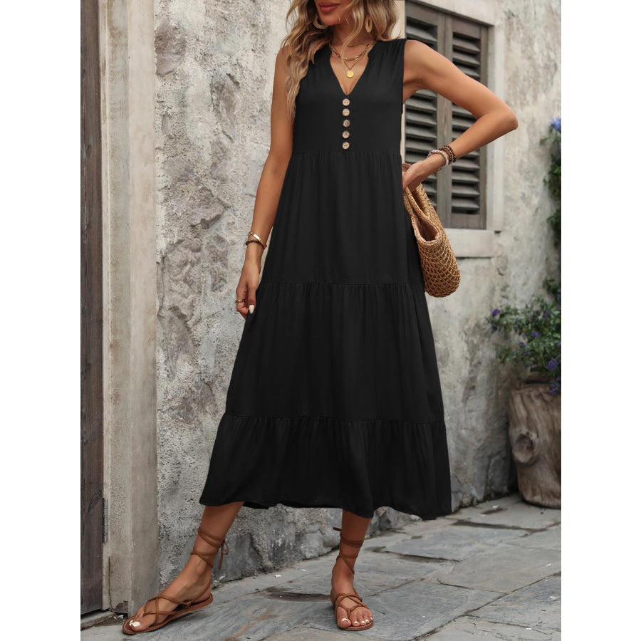 Decorative Button Notched Sleeveless Dress Apparel and Accessories