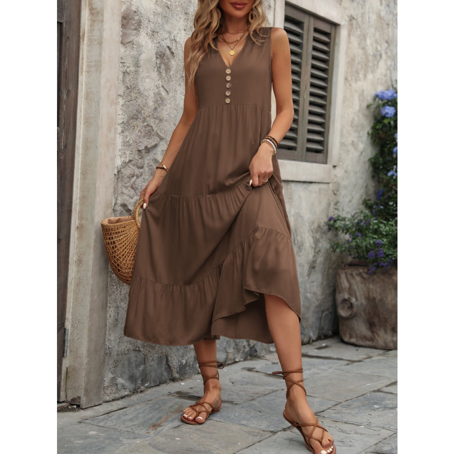 Decorative Button Notched Sleeveless Dress Apparel and Accessories