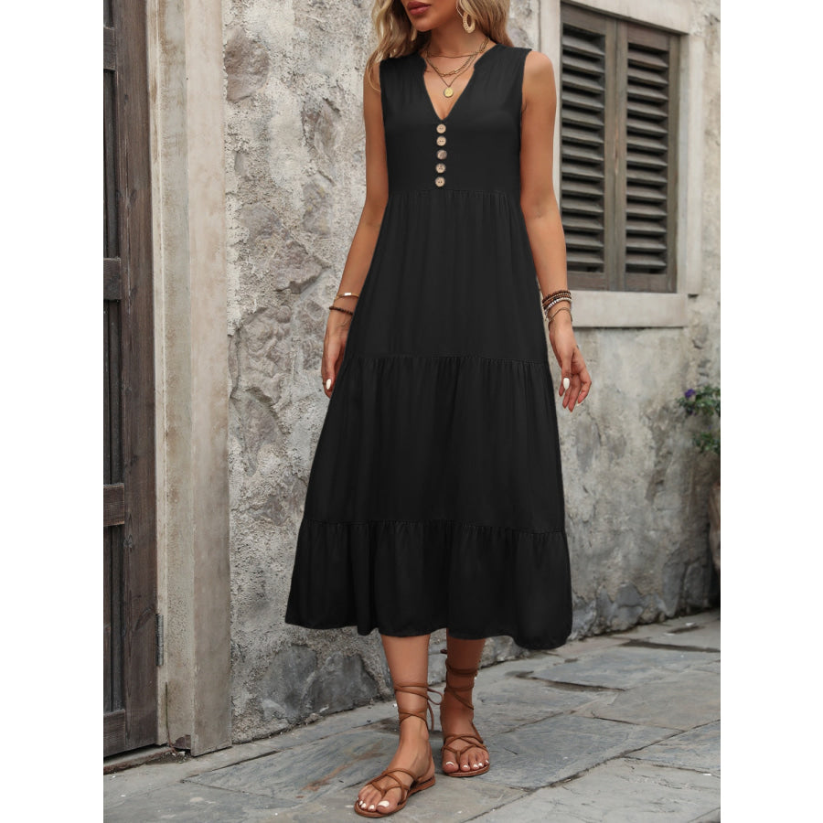 Decorative Button Notched Sleeveless Dress Apparel and Accessories