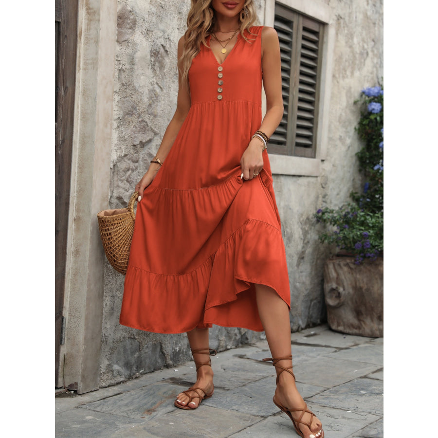 Decorative Button Notched Sleeveless Dress Red Orange / S Apparel and Accessories