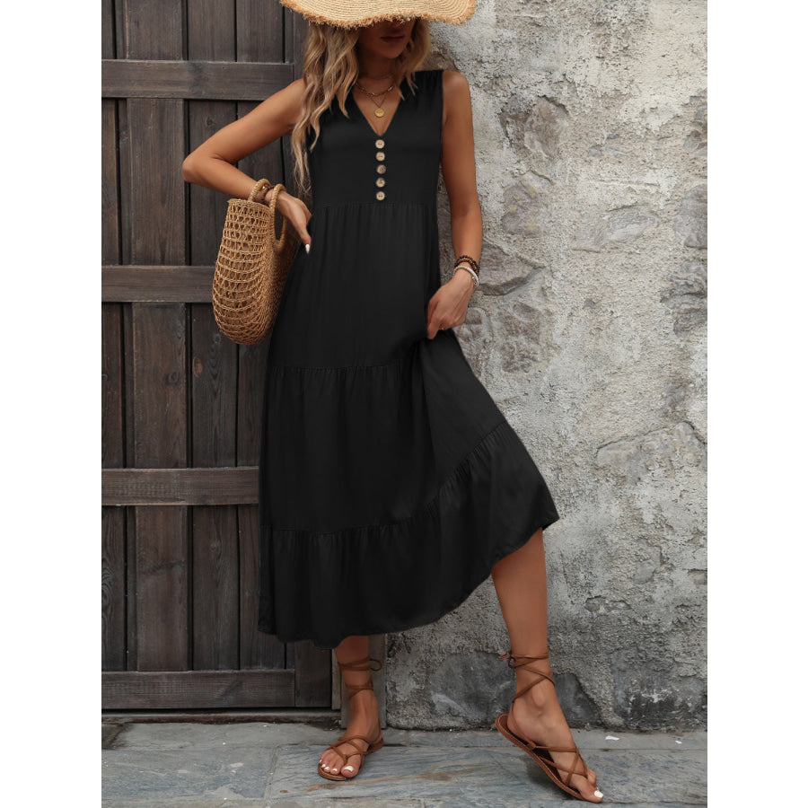 Decorative Button Notched Sleeveless Dress Apparel and Accessories