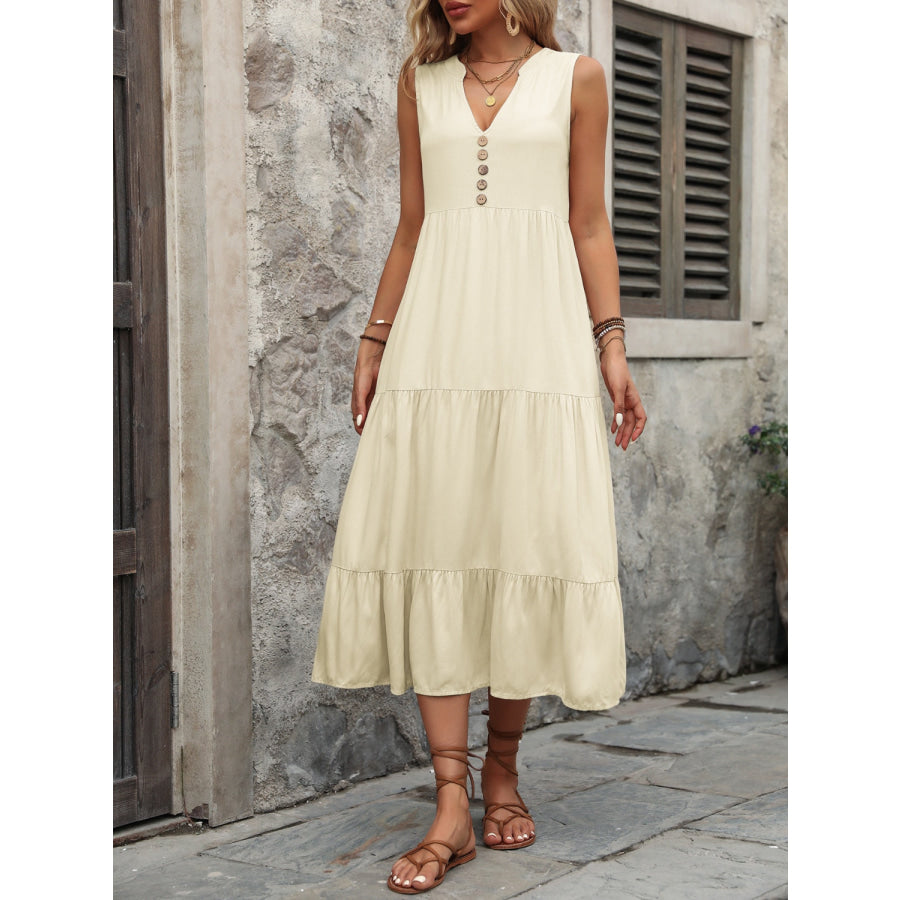 Decorative Button Notched Sleeveless Dress Apparel and Accessories