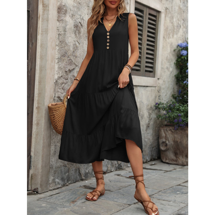 Decorative Button Notched Sleeveless Dress Apparel and Accessories