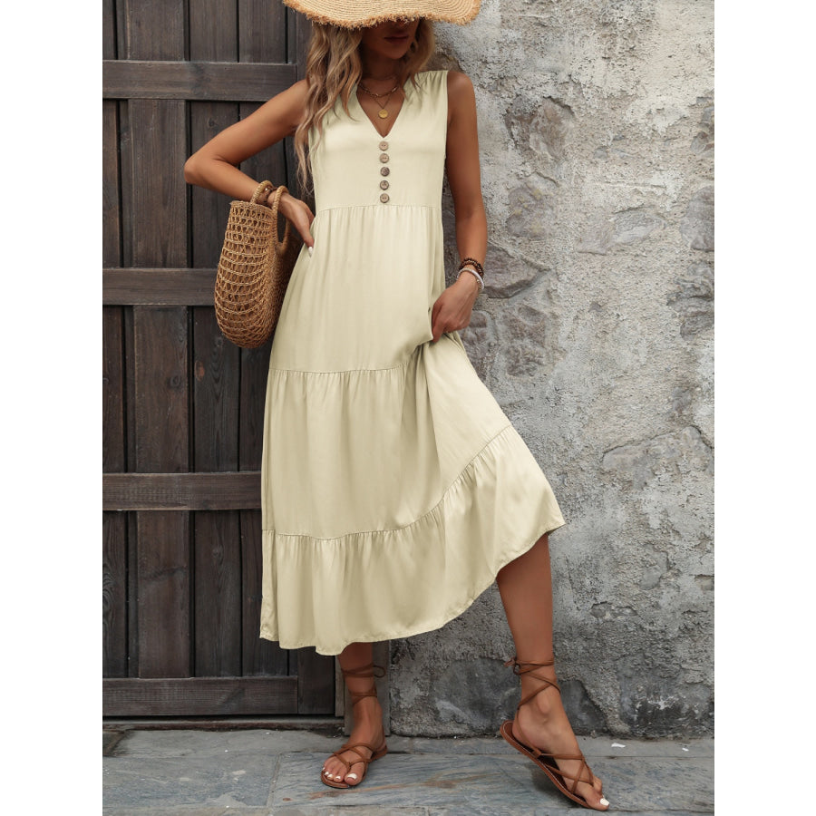 Decorative Button Notched Sleeveless Dress Apparel and Accessories