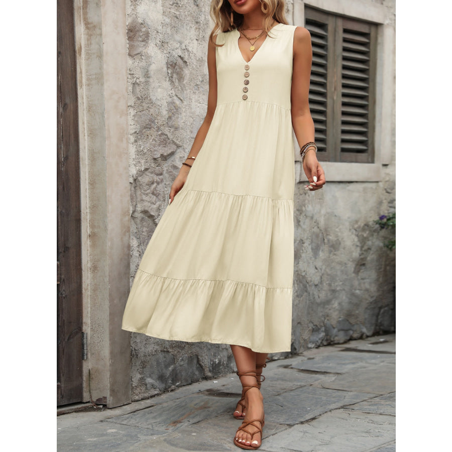 Decorative Button Notched Sleeveless Dress Apparel and Accessories