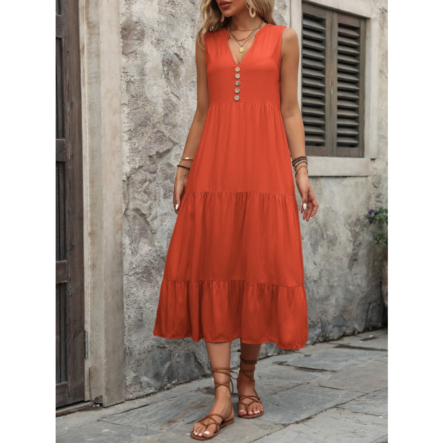 Decorative Button Notched Sleeveless Dress Apparel and Accessories