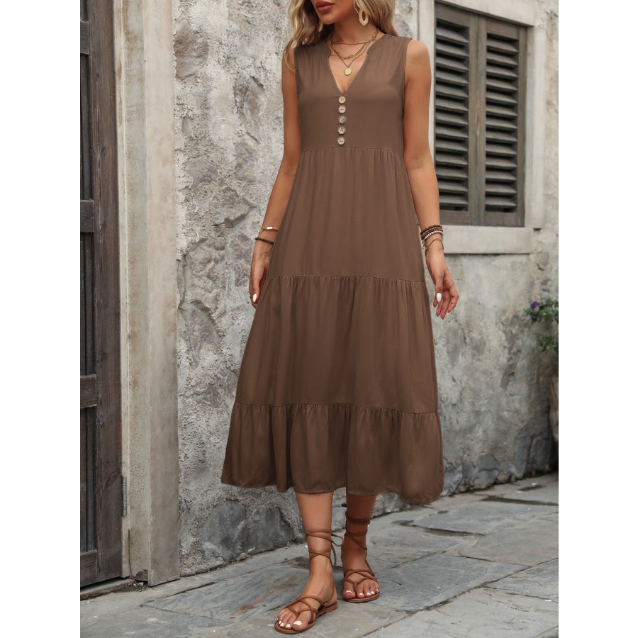 Decorative Button Notched Sleeveless Dress Apparel and Accessories